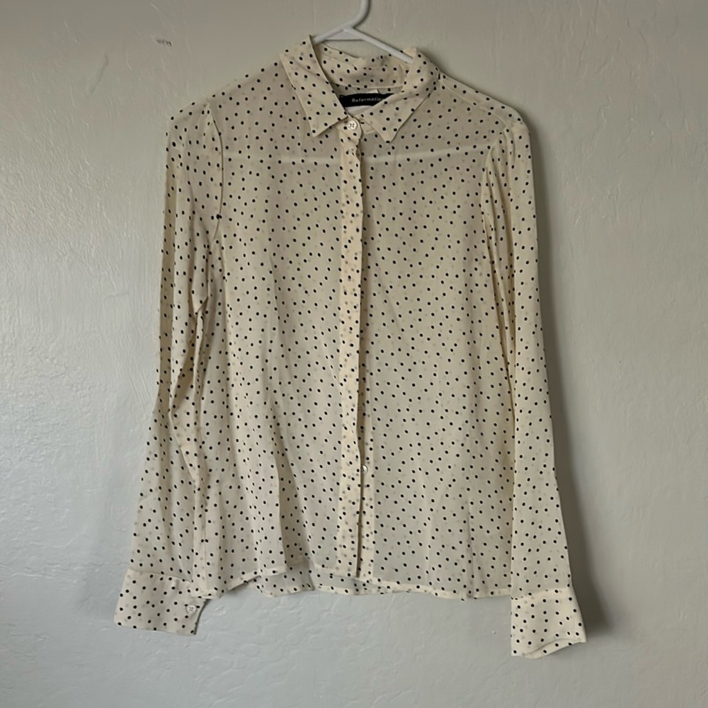 Reformation Violet Polka Dot Sheer Button Down Top in Pepper size Small